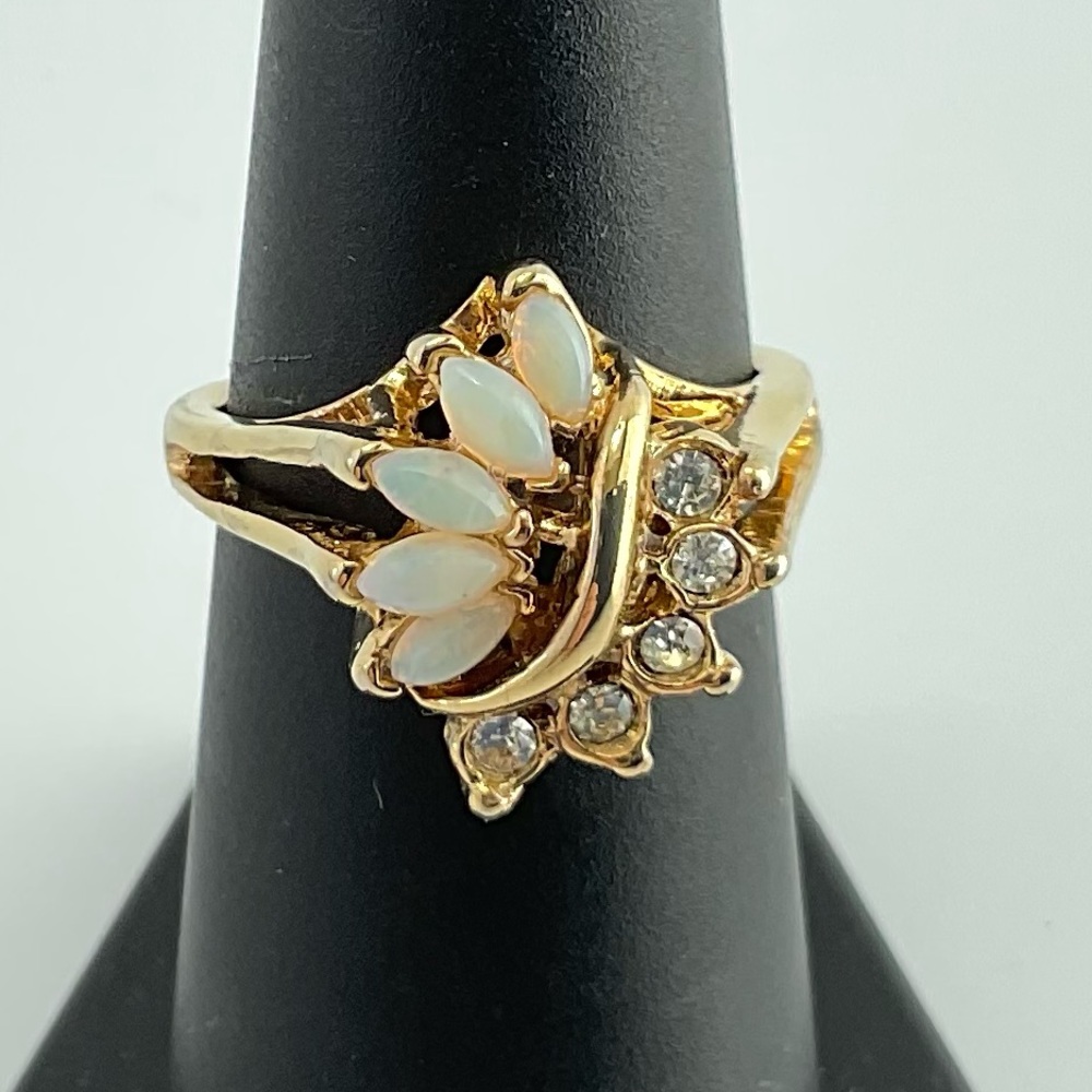 Vintage, Faux Opal & Clear Rhinestone Crystal Ring, Signed Uncas